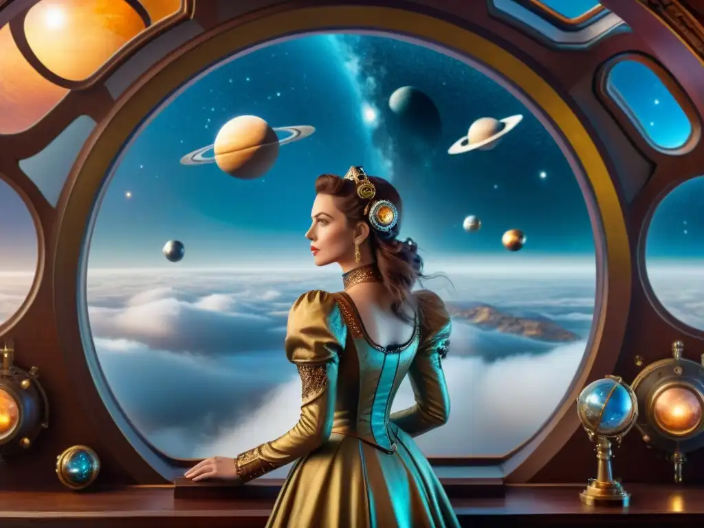 Un majestuoso nave espacial inspirado en el steampunk surca el cielo estrellado, con mujeres de la era victoriana en atuendos futuristas asombradas