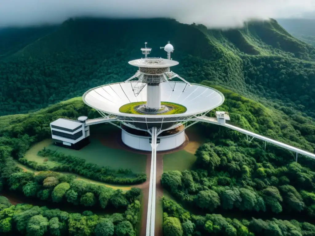 El majestuoso Observatorio de Arecibo entre exuberante vegetación, reflejando el sol en su icónica antena