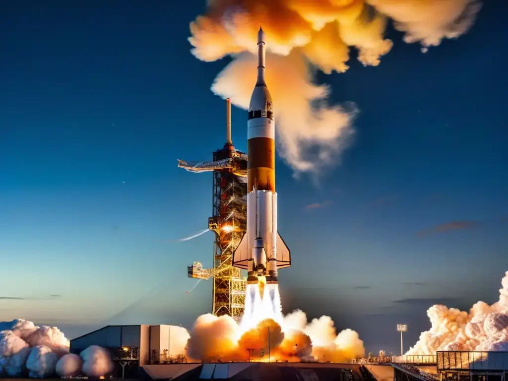 El majestuoso Saturno V en la plataforma de lanzamiento del Centro Espacial Kennedy, con los motores encendidos en la noche oscura, reflejando su poderosa evolución en la exploración espacial