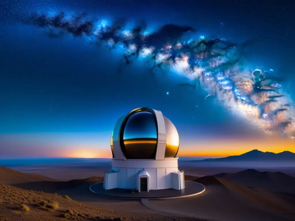 Un majestuoso telescopio terrestre en el desierto de Atacama, Chile, bajo un cielo estrellado y la Vía Láctea, simbolizando la exploración espacial