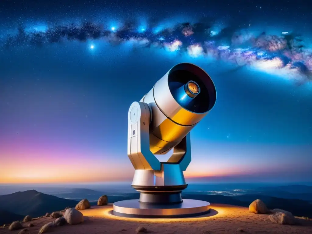 Un majestuoso telescopio terrestre apuntando al espacio, capturando la exploración cósmica