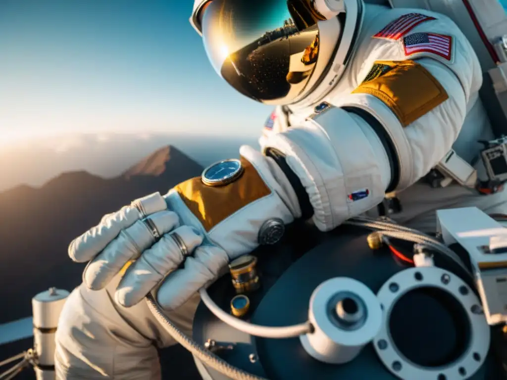 Mano enguantada de astronauta repara mecanismo en traje espacial en el espacio, desafíos de reparación trajes espaciales