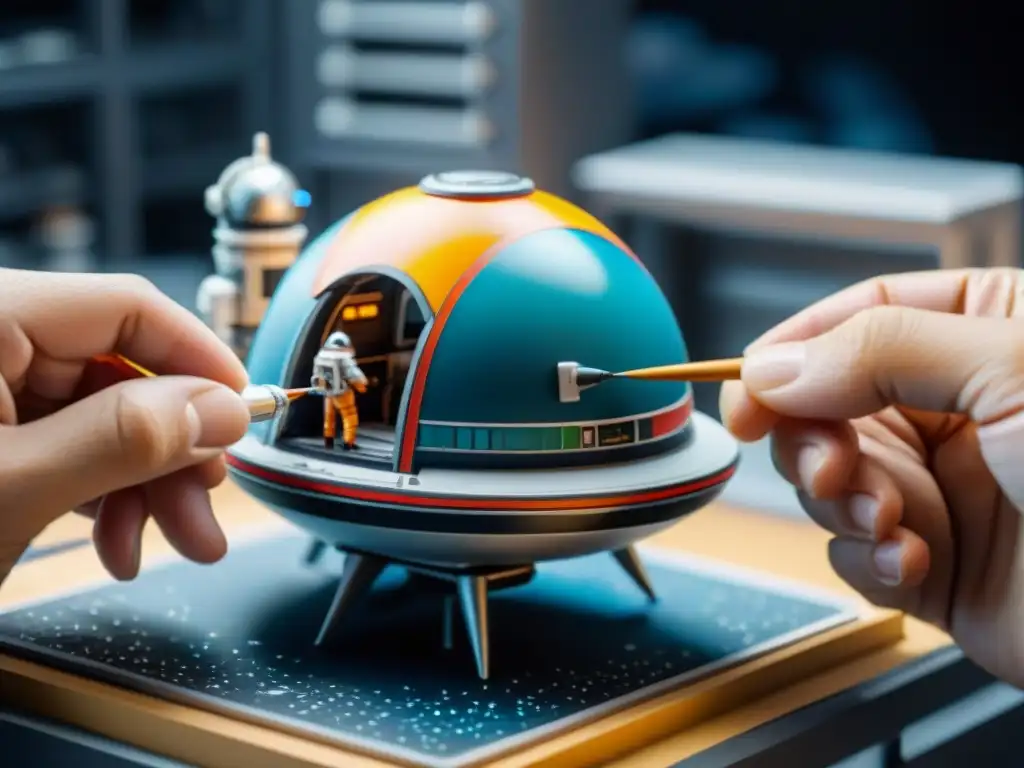 Mano detalladamente personalizando nave espacial en miniatura, colección única