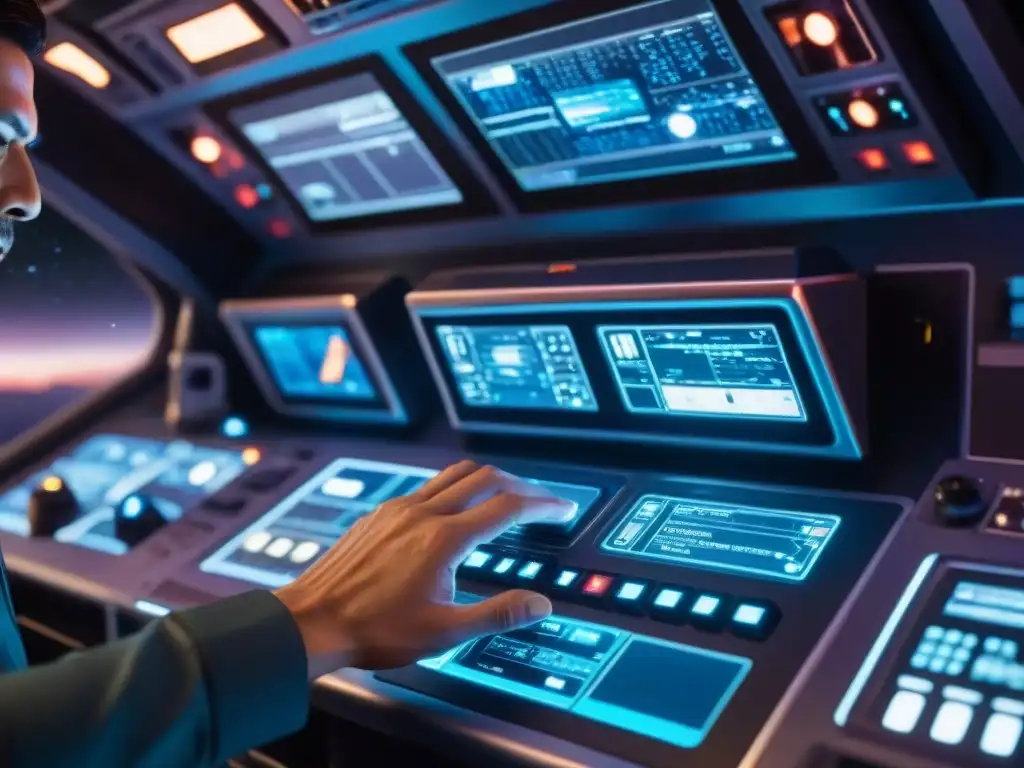 Mano de tripulante en panel de control durante batalla espacial en The Expanse, con intensidad reflejada en sus ojos