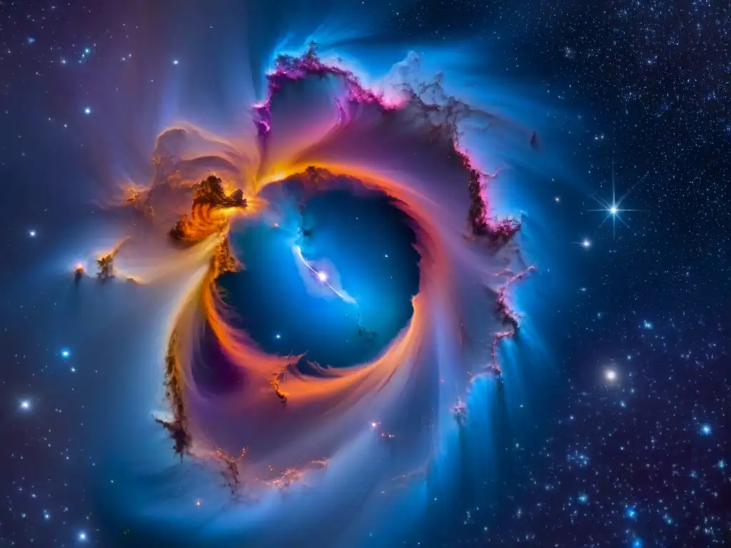 Espectacular nebulosa cósmica: colores vibrantes y estrellas brillantes Un manto cósmico de estrellas variables en el universo, en tonos azules, naranjas y morados, deslumbrantes y vibrantes