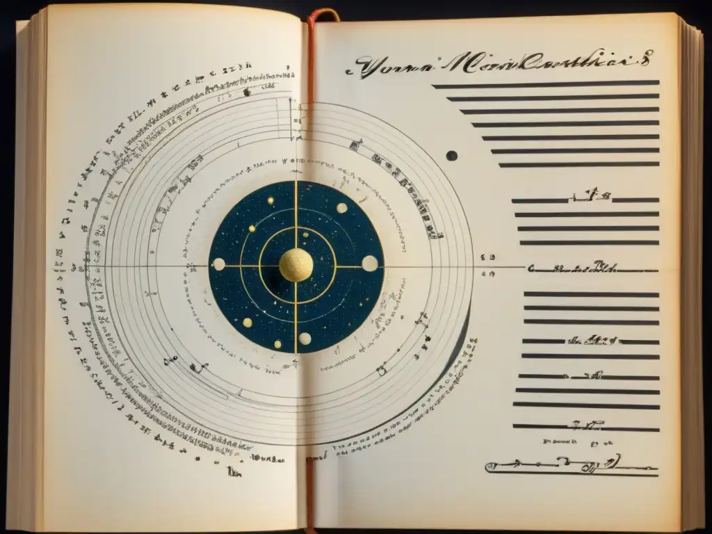 Manuscrito detallado de Yuri Kondratyuk sobre mecánica celestial y exploración lunar, iluminado suavemente