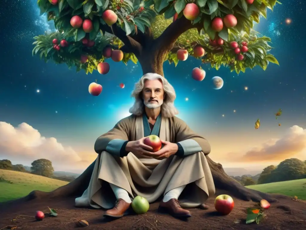 Sir Isaac Newton contempla una manzana caer bajo un árbol, rodeado de galaxias y planetas en movimiento