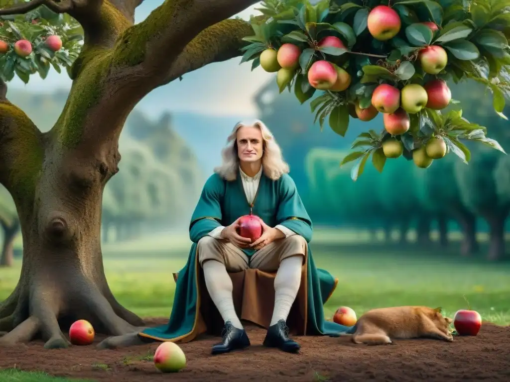 Sir Isaac Newton bajo un manzano, mirando una manzana caer