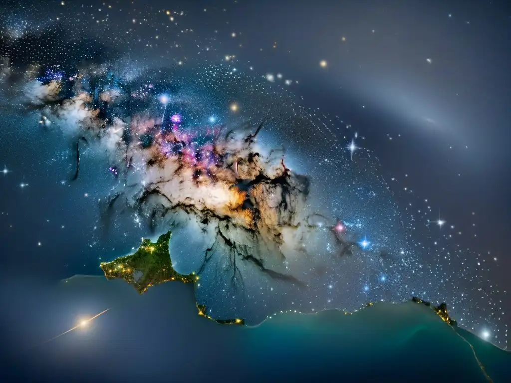 Mapa celestial detallado con constelaciones y estrellas brillantes en un fondo negro