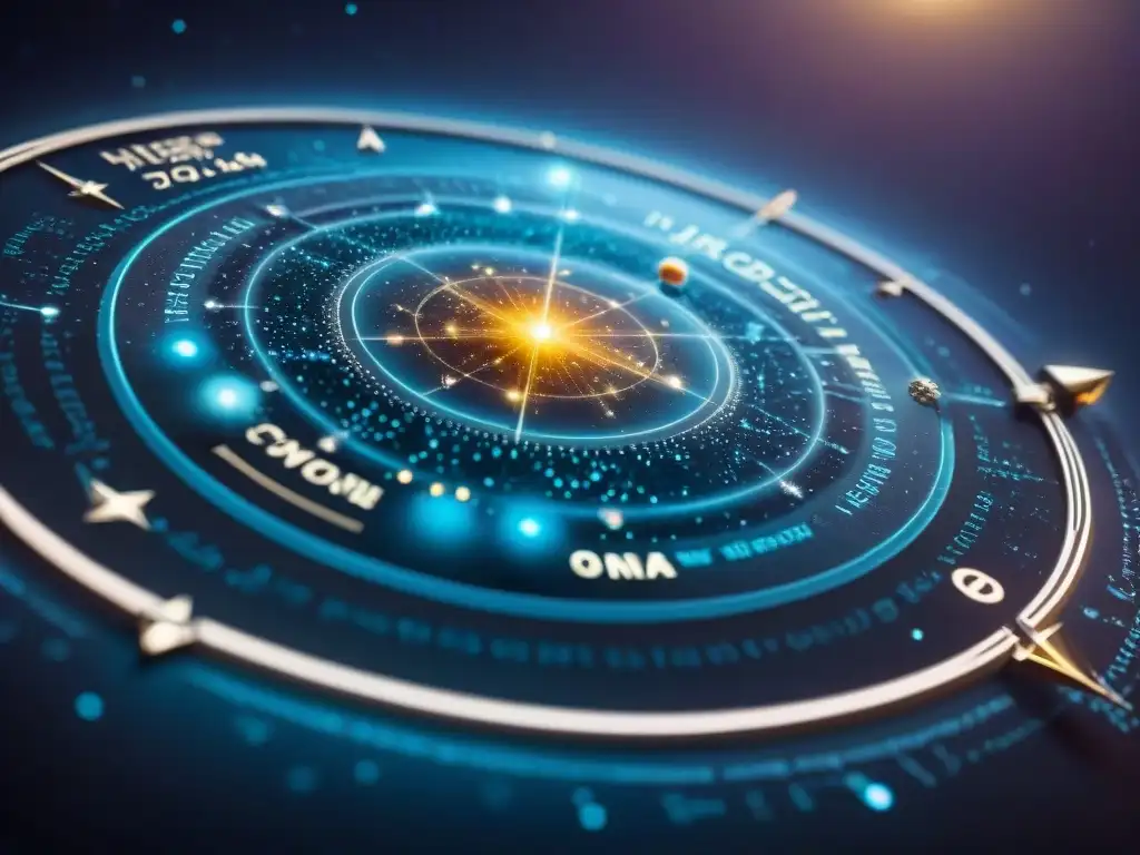 Mapa estelar con idiomas inventados en ciencia ficción en constelaciones imaginarias, rodeado de galaxias y nebulosas
