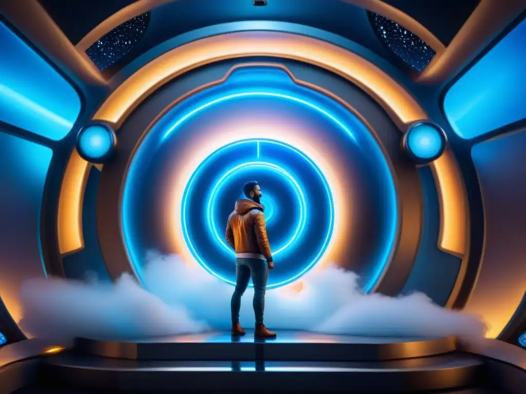 Una máquina del tiempo futurista con luces azules brillantes y energía girando, en un fondo estelar