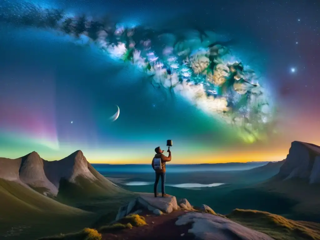 Carl Sagan maravillado bajo un cielo estrellado, rodeado de planetas y galaxias, reflejando su profundo legado en el cosmos