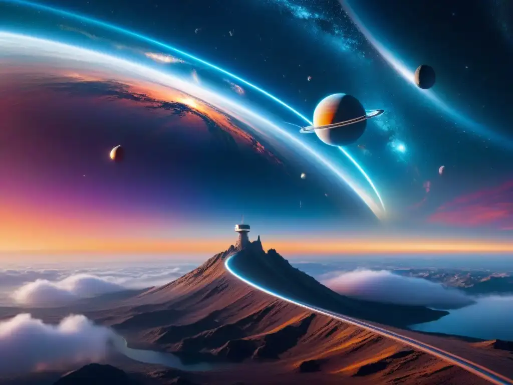 Estación espacial futurista en órbita de galaxia vibrante Exploración maravillas universo ciencia ficción: Estación espacial futurista orbitando una galaxia vibrante