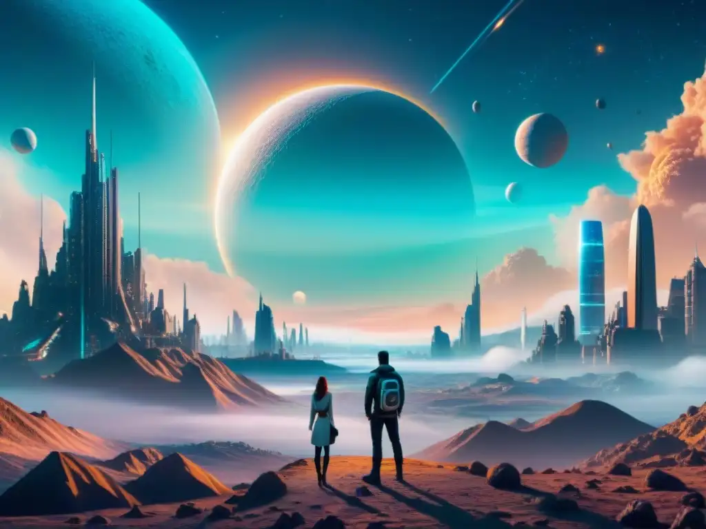 Descubre maravillas del universo en la ciudad futurista de un planeta alienígena en esta deslumbrante obra de arte digital