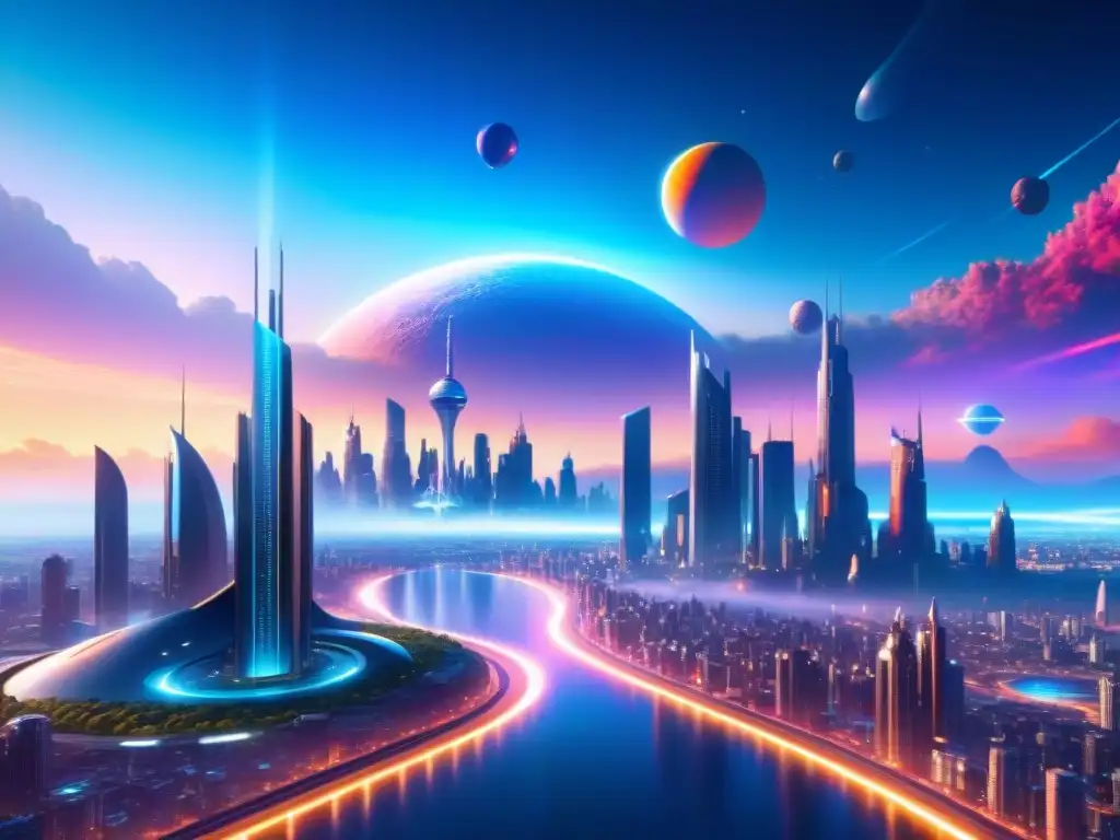 Maravillas del universo en futurista ciudad alienígena con avanzada tecnología, exploración y ciencia ficción