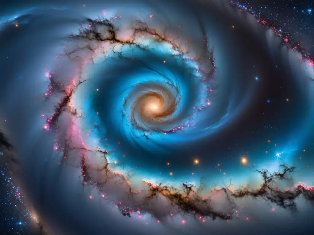 Maravillosa vista de una galaxia espiral con estrellas azules y rojas, nebulosas y polvo cósmico