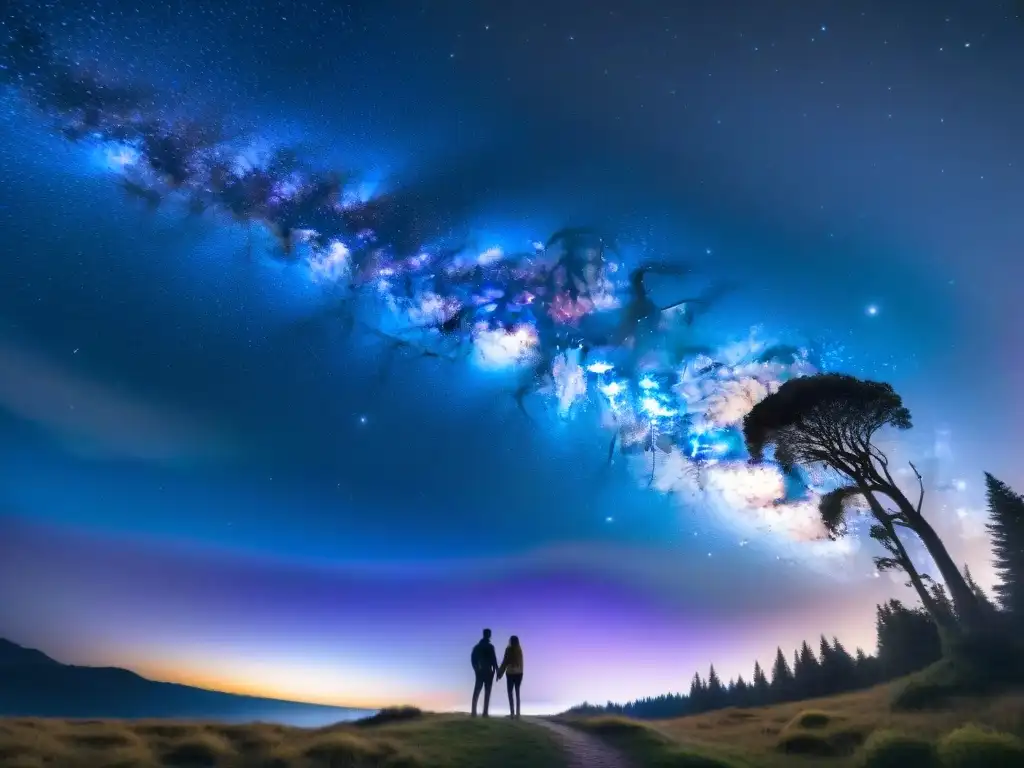 Maravillosa vista nocturna de la Vía Láctea, con estrella fugaz y siluetas de árboles