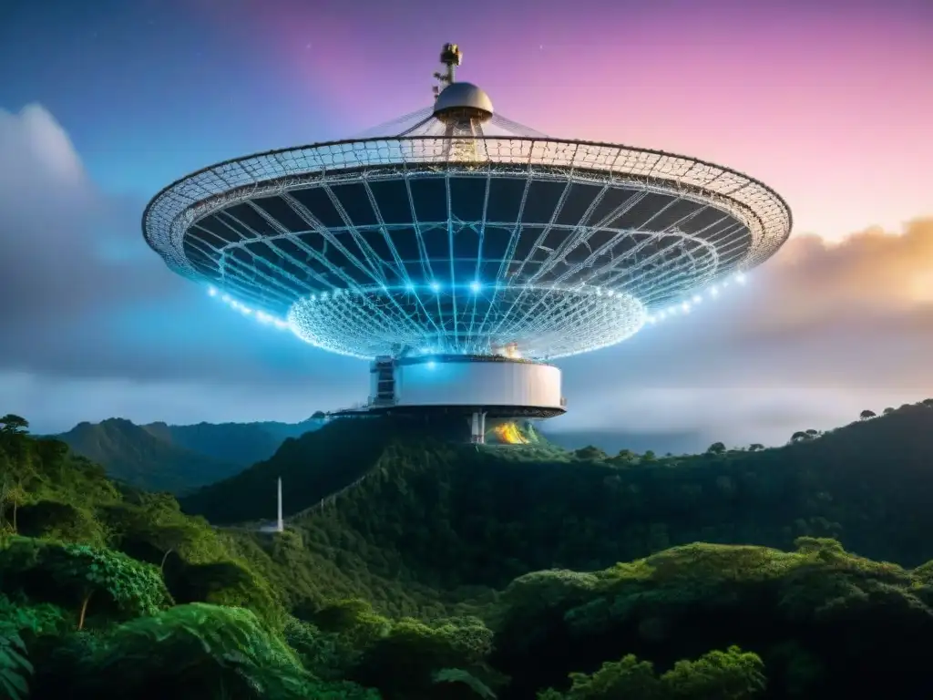 Maravillosa vista nocturna del Observatorio de Arecibo en Puerto Rico, con su inmenso plato de telescopio apuntando al cielo estrellado, evocando la búsqueda de vida extraterrestre por parte de Ecua