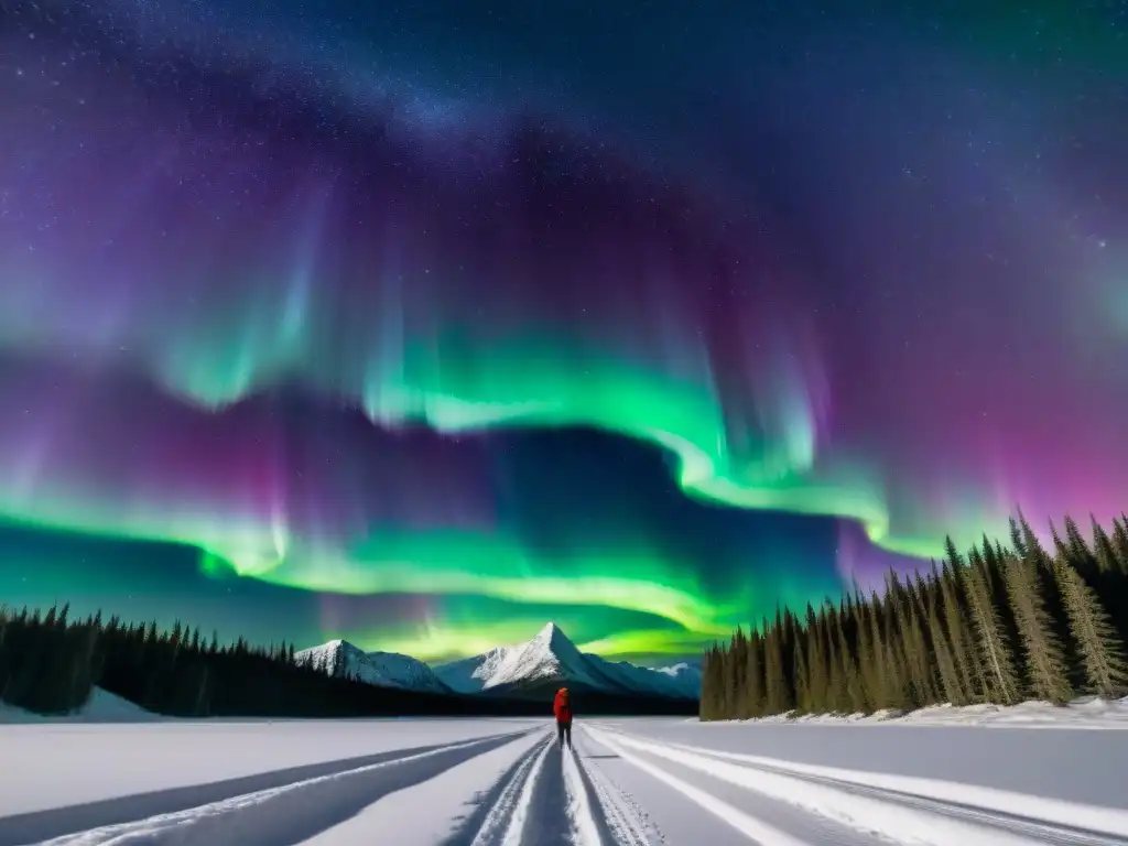 Maravillosas auroras boreales danzan en un cielo estrellado sobre paisaje nevado