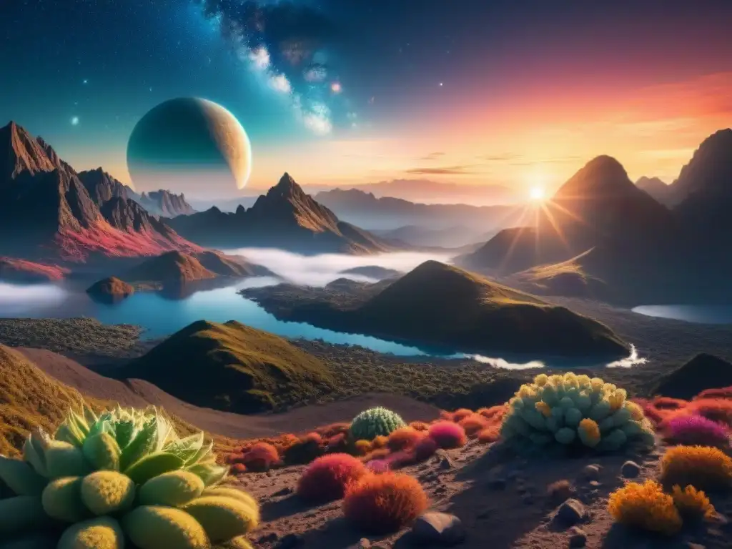 Maravilloso paisaje alienígena con vida extraterrestre en zonas habitables, seres únicos en armonía bajo un sol ajeno