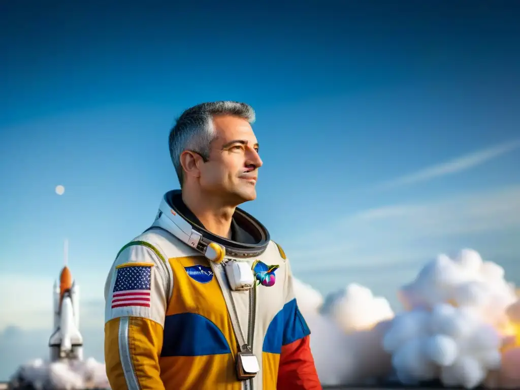 Marcos Pontes listo para el lanzamiento frente a la bandera brasileña y transbordador espacial, reflejando la historia de Marcos Pontes