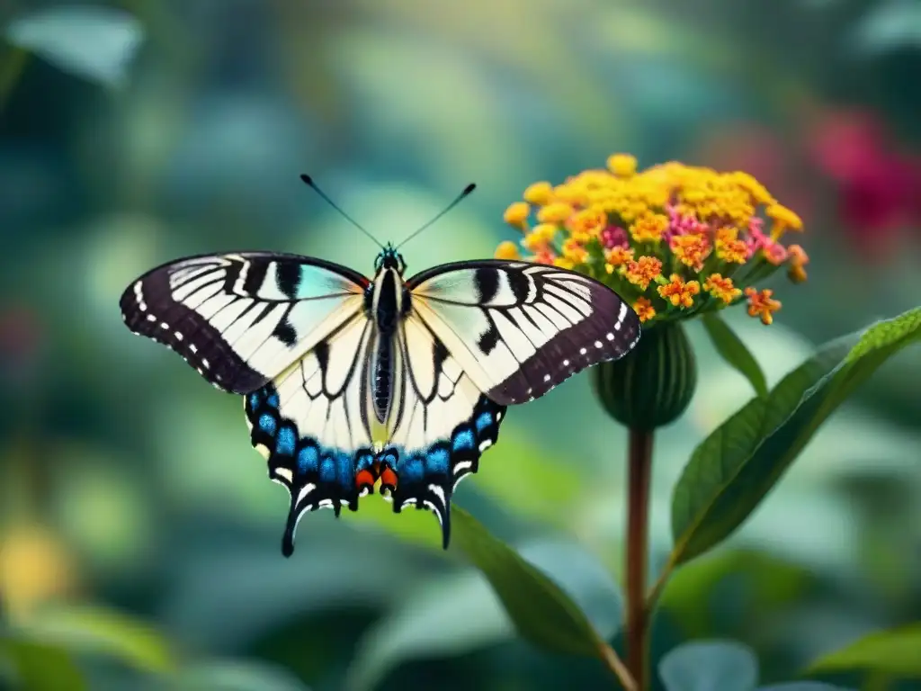 Una mariposa majestuosa posada en una flor vibrante en un jardín exuberante, con un efecto caleidoscópico