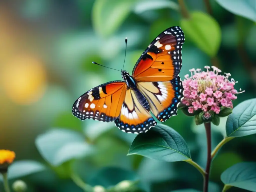 Mariposa posada en flor, despliega sus alas con patrones y colores vibrantes en jardín soleado