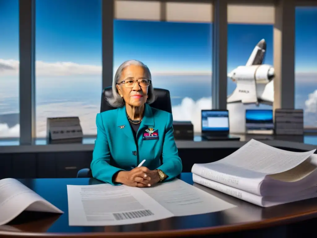 La matemática de la NASA, Katherine Johnson, concentrada en su escritorio con ecuaciones, ventana de lanzamiento al fondo