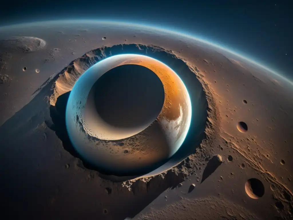 Exploración cautivadora: MESSENGER orbita Mercurio Exploración científica en Mercurio: la nave espacial MESSENGER orbitando el planeta, revelando su terreno craterizado y llanuras suaves