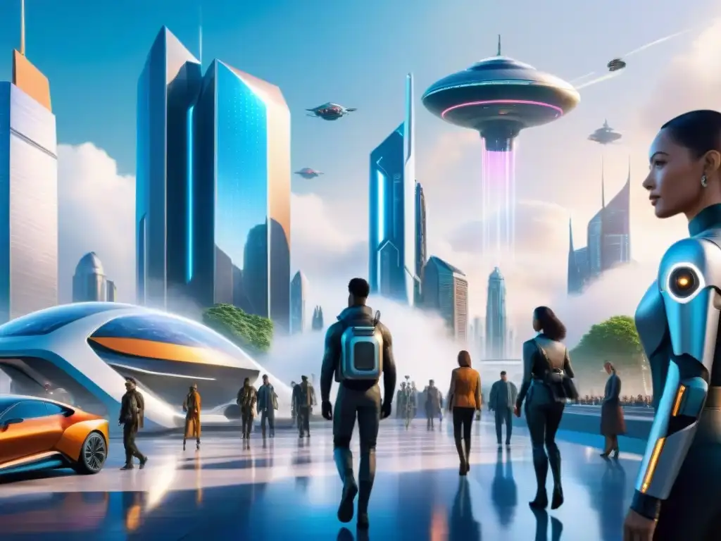 Una metrópolis futurista donde humanos y ciborgs conviven en armonía, reflejando una sociedad utópica de integración