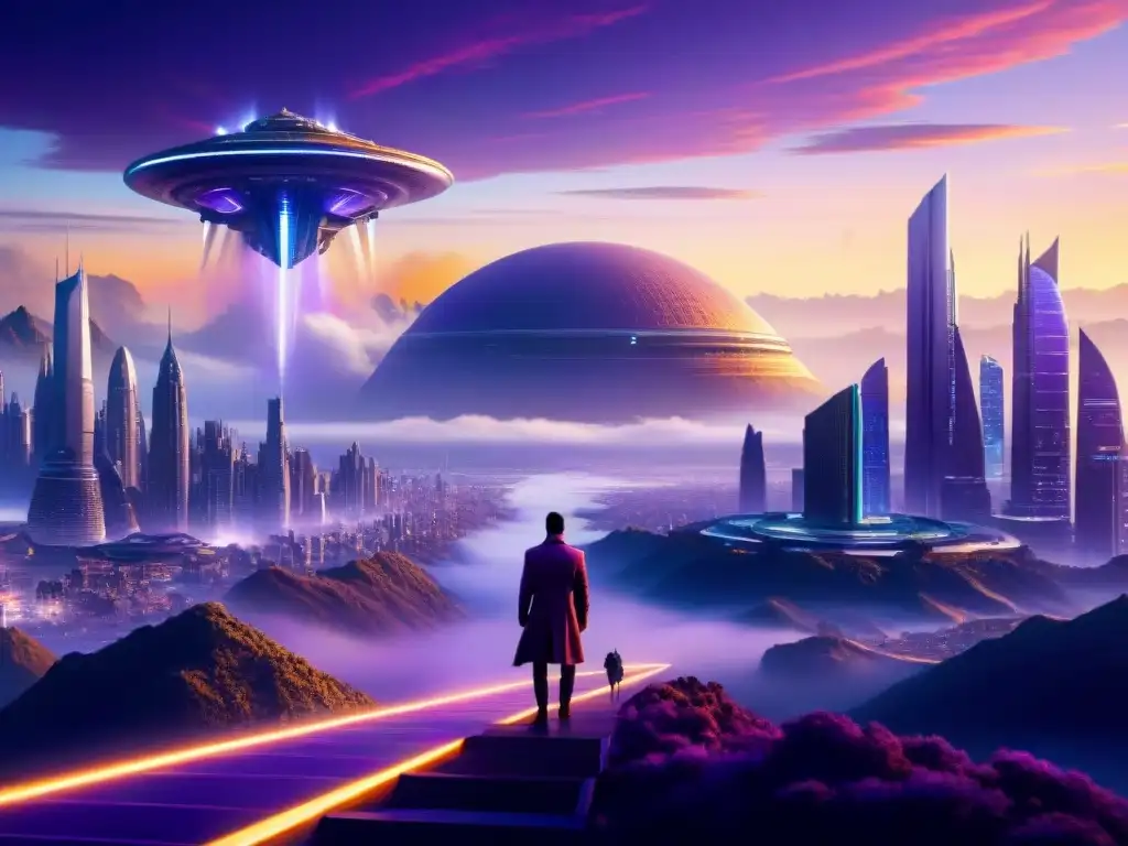 Una metrópolis futurista en un planeta distante, con rascacielos relucientes bajo un cielo morado