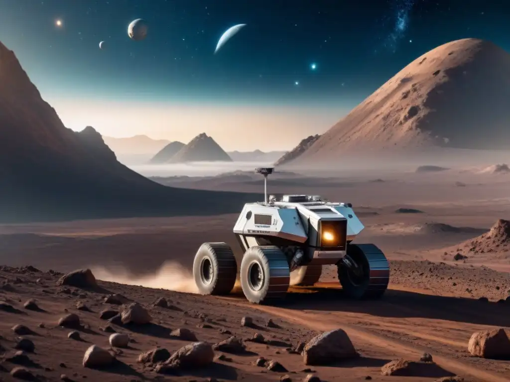 Operación minera espacial: tecnología avanzada en armonía cósmica Operación minera espacial futurista en asteroide distante, con tecnología avanzada y belleza natural