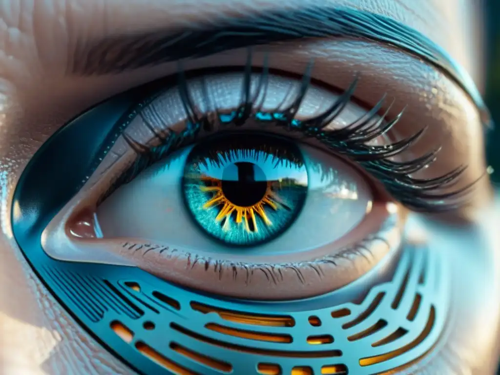 Una mirada profunda a un ojo androide futurista en 'Westworld', reflejando la compleja interacción entre la inteligencia artificial y la humanidad