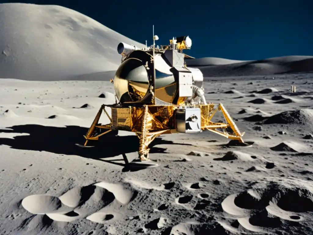 Misiones Apolo: legado de exploración espacial en la Luna, con módulo lunar, huellas de astronauta y paisaje lunar detallado