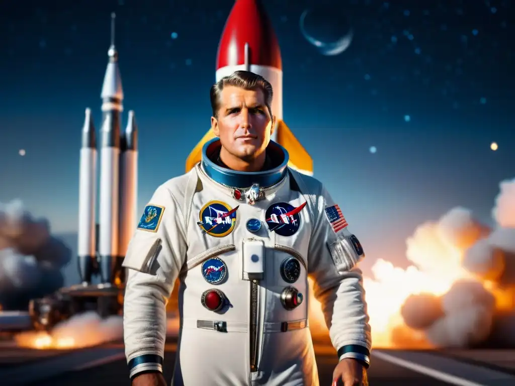 Wernher von Braun, pionero de las misiones espaciales, frente a un cohete masivo entre estrellas y planetas