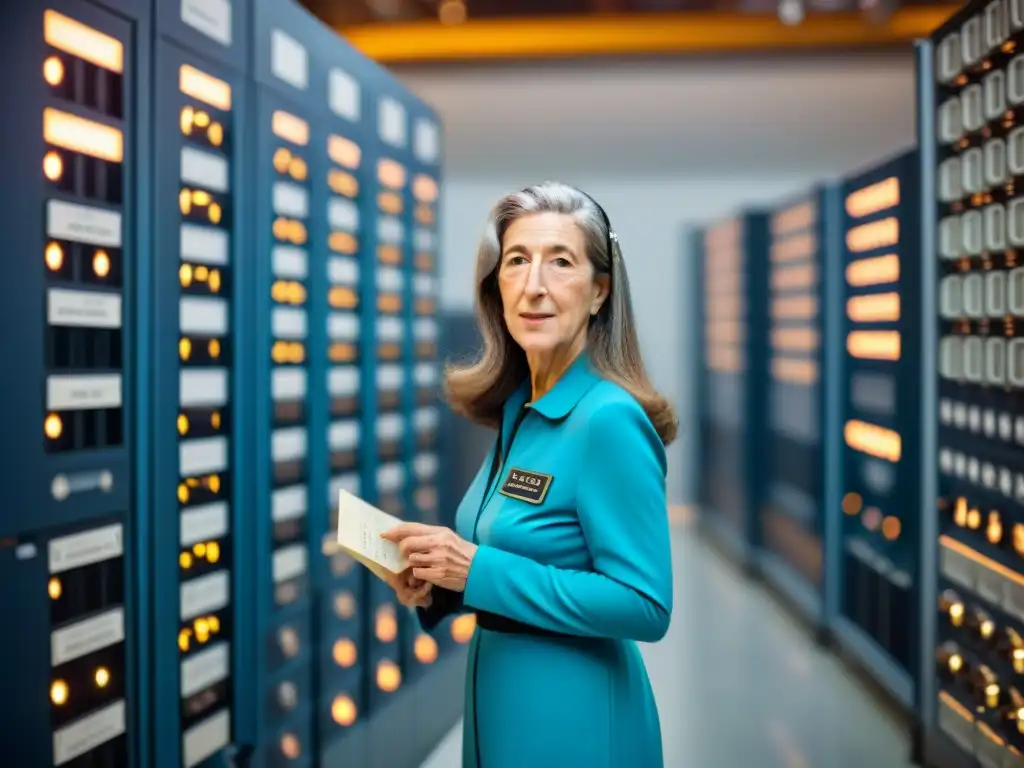 Margaret Hamilton programando en misiones espaciales históricas en la NASA, rodeada de tecnología y manuales en los años 60