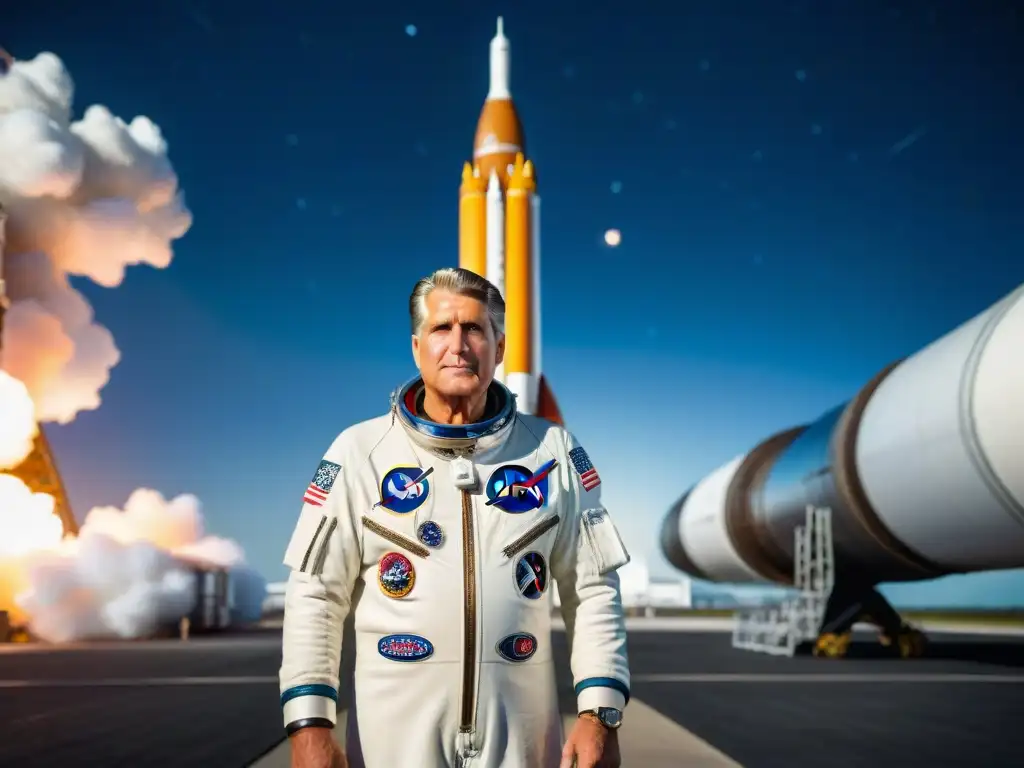 Von Braun historia misiones espaciales: Ingeniero aeroespacial frente a cohete monumental en Kennedy Space Center