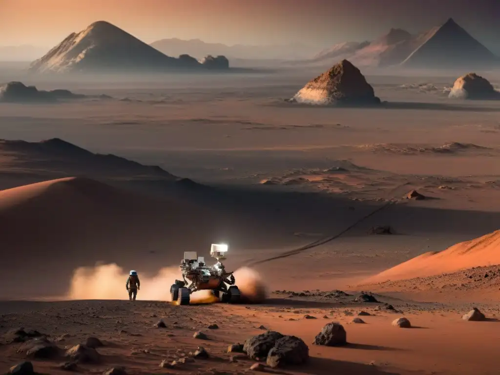 Exploración marciana: paisaje rocoso y horizonte marciano al atardecer Misiones espaciales con rovers en Marte: Descubre la soledad y la exploración en el paisaje marciano