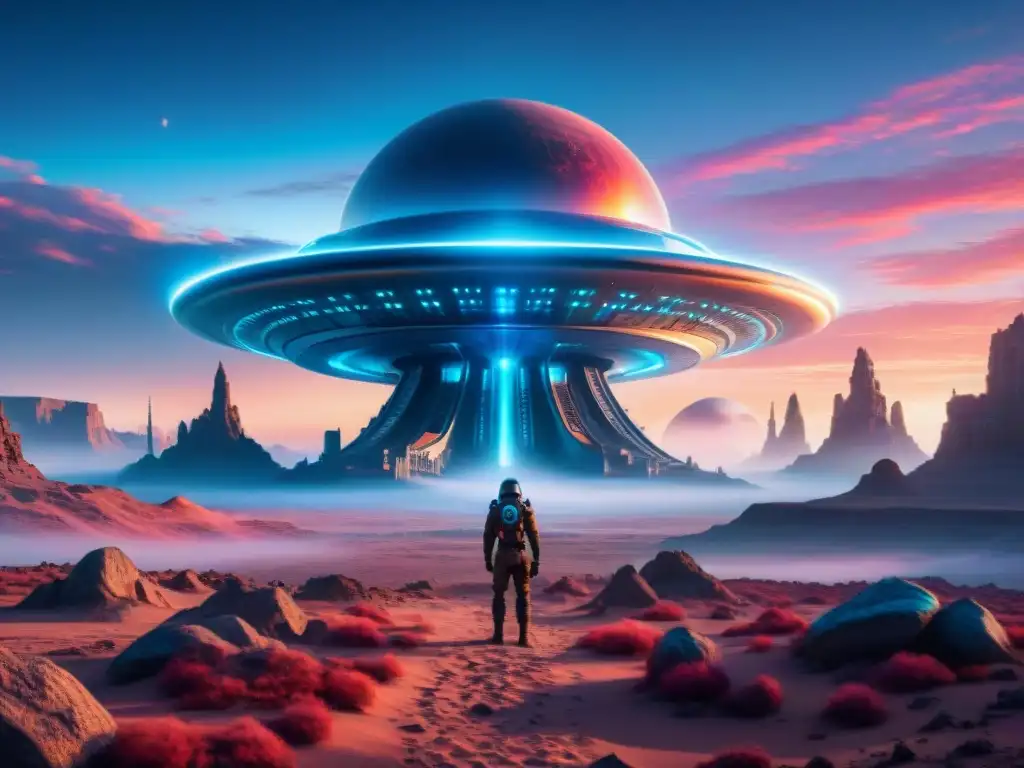 Misterios artefactos alienígenas ciencia ficción: Nave espacial futurista sobre paisaje alienígena desolado