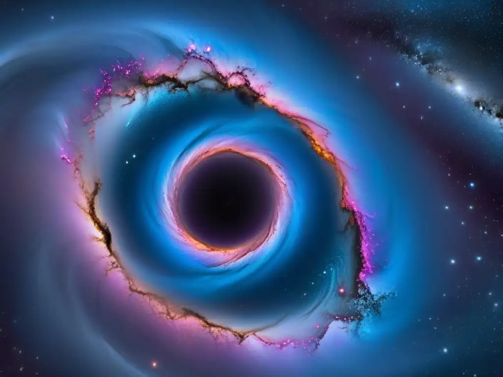 Explorando los misterios del universo: una galaxia con colores vibrantes, un agujero negro distorsiona la tela del espacio-tiempo