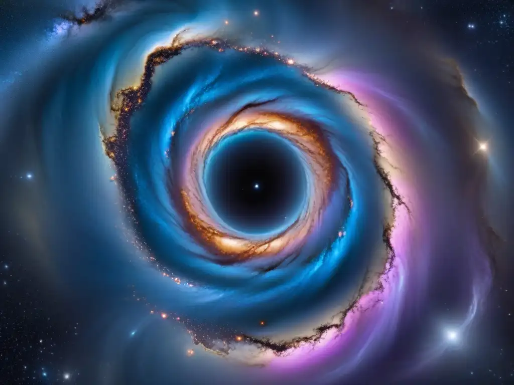 Misterios del universo observable en la frontera de la ciencia: galaxia estrellada en azules y morados, con agujero negro y energía cósmica