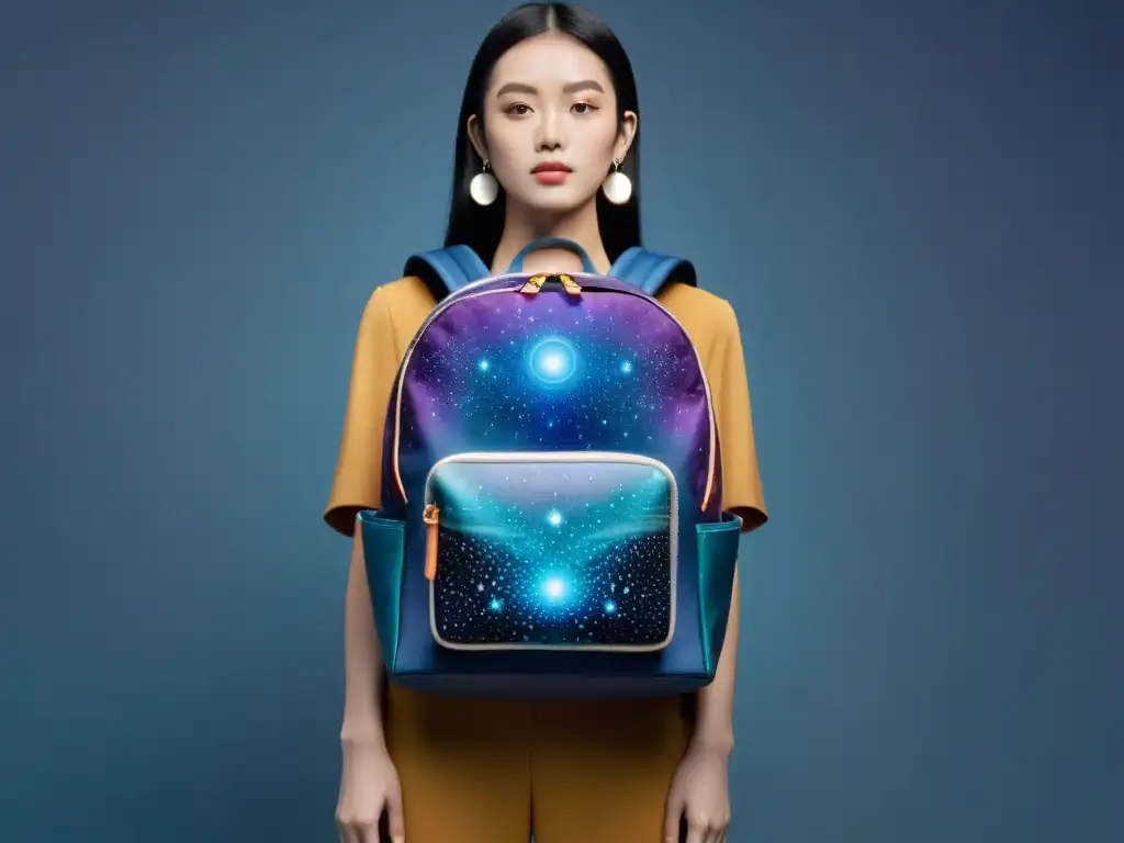 Una mochila galáctica de diseño estelar con colores cósmicos y detalles brillantes, inspirada en el universo