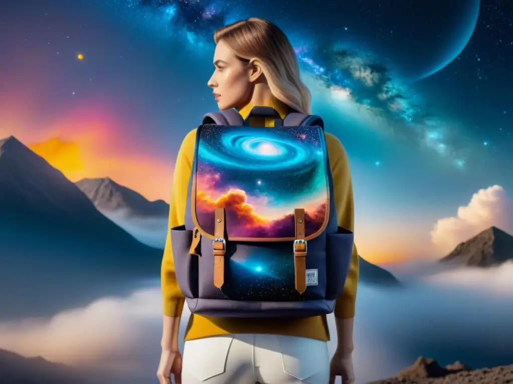 Una mochila galáctica con diseño estelar, repleta de galaxias, estrellas y nebulosas, evocando el universo en tu espalda