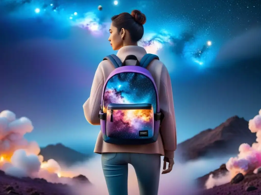 Una mochila galáctica de diseño estelar con galaxias, estrellas y nebulosas en tonos púrpura, azul y rosa, en un universo estrellado