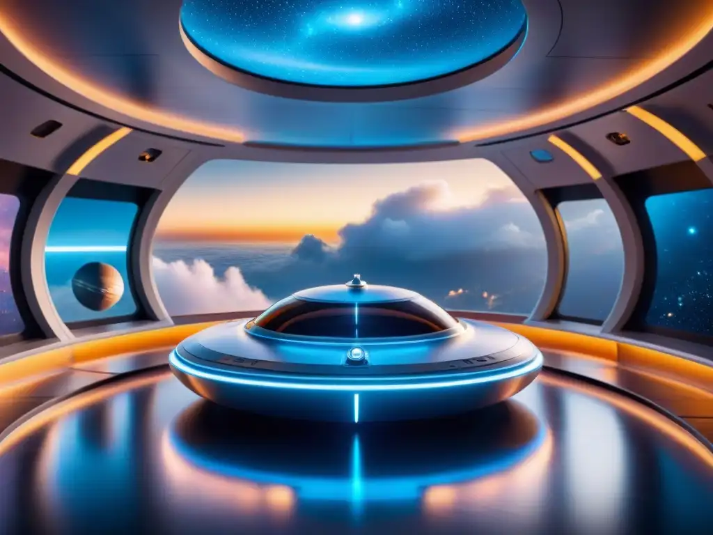 Un modelo detallado de nave espacial futurista suspendido en una sala minimalista con tecnología futurista, mostrando modelos naves espaciales fusión