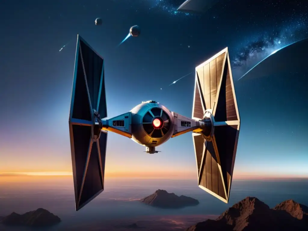 Modelo de nave TIE Fighter de Star Wars en el espacio, con detalles impresionantes y diseño icónico