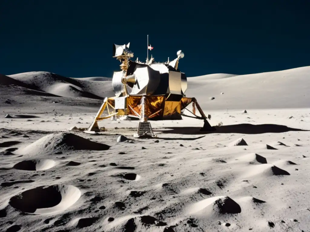 El módulo lunar Eagle de la misión Apollo 11 descansa en la Luna, con la Tierra de fondo