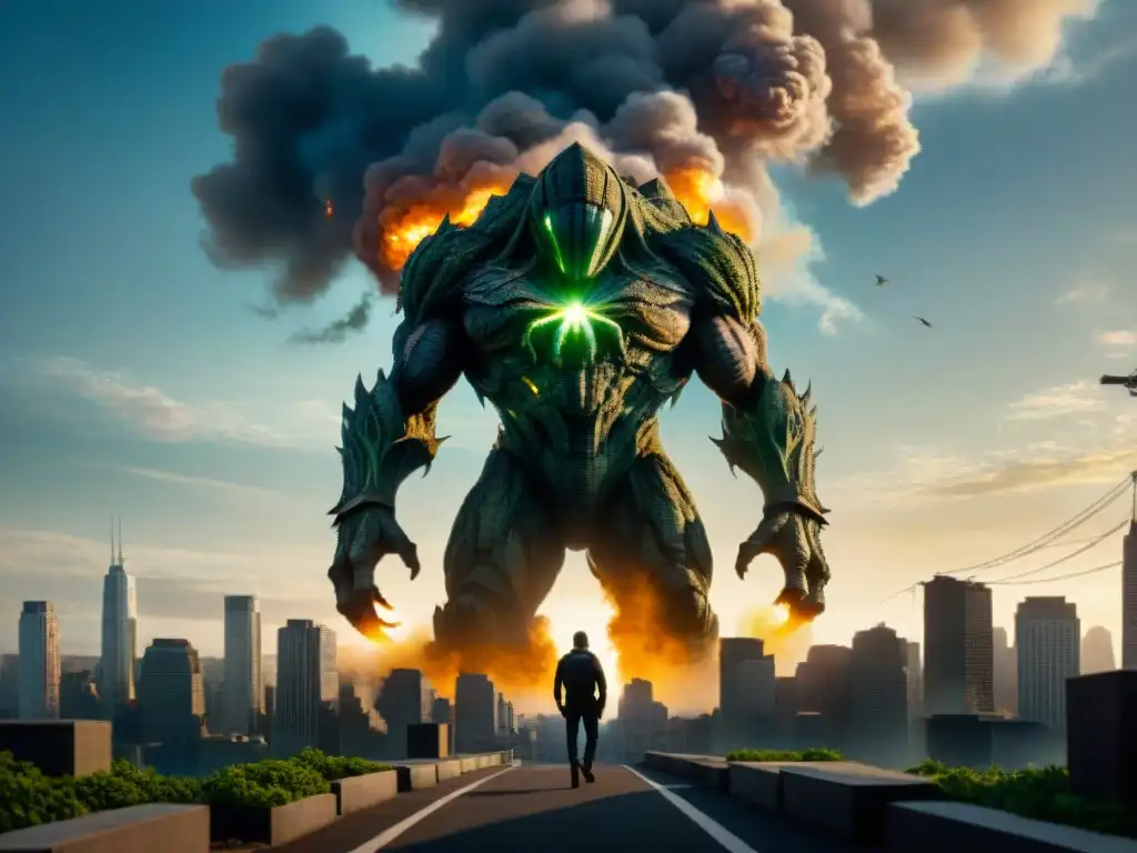 Una monstruosa sombra del Cloverfield monstruo se cierne sobre la ciudad devastada