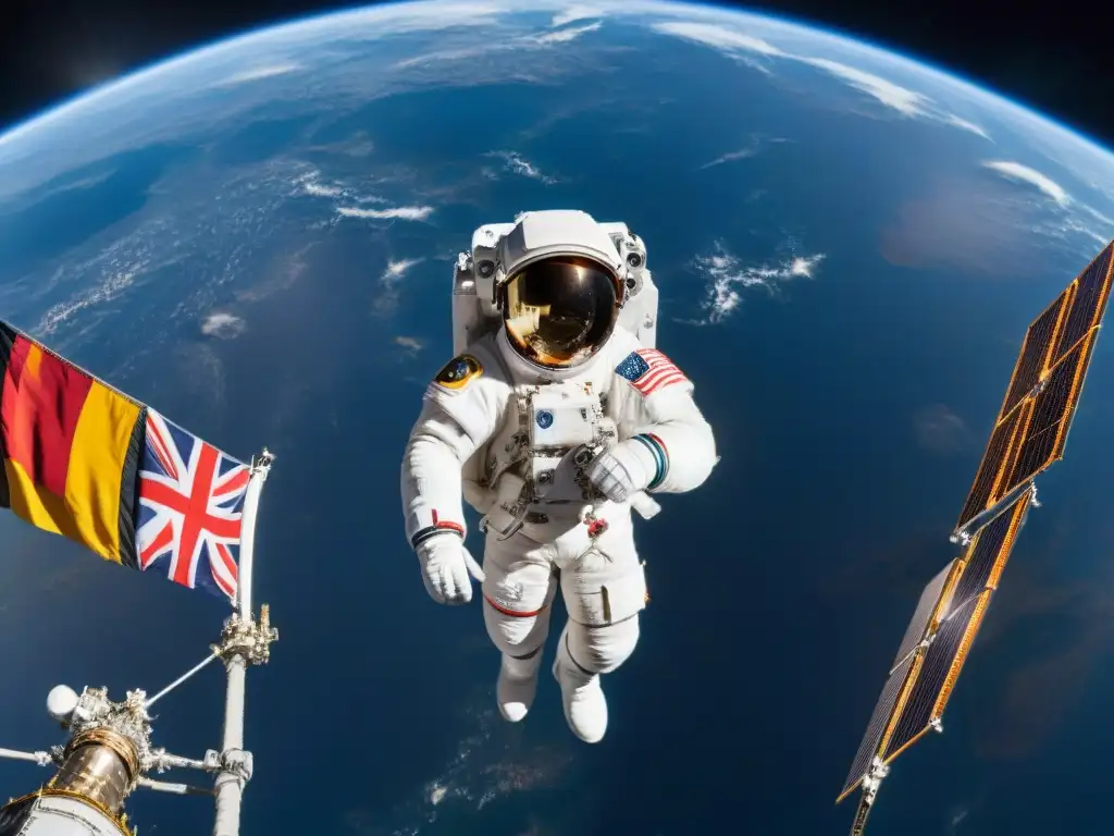 Mujer astronauta flota en el espacio, con Estación Espacial Internacional y la Tierra de fondo, simbolizando mujeres pioneras exploración espacio