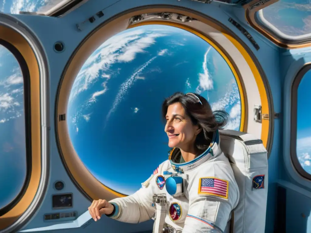 Mujer astronauta récords espaciales flotando en la Estación Espacial Internacional, admirando la Tierra desde el espacio